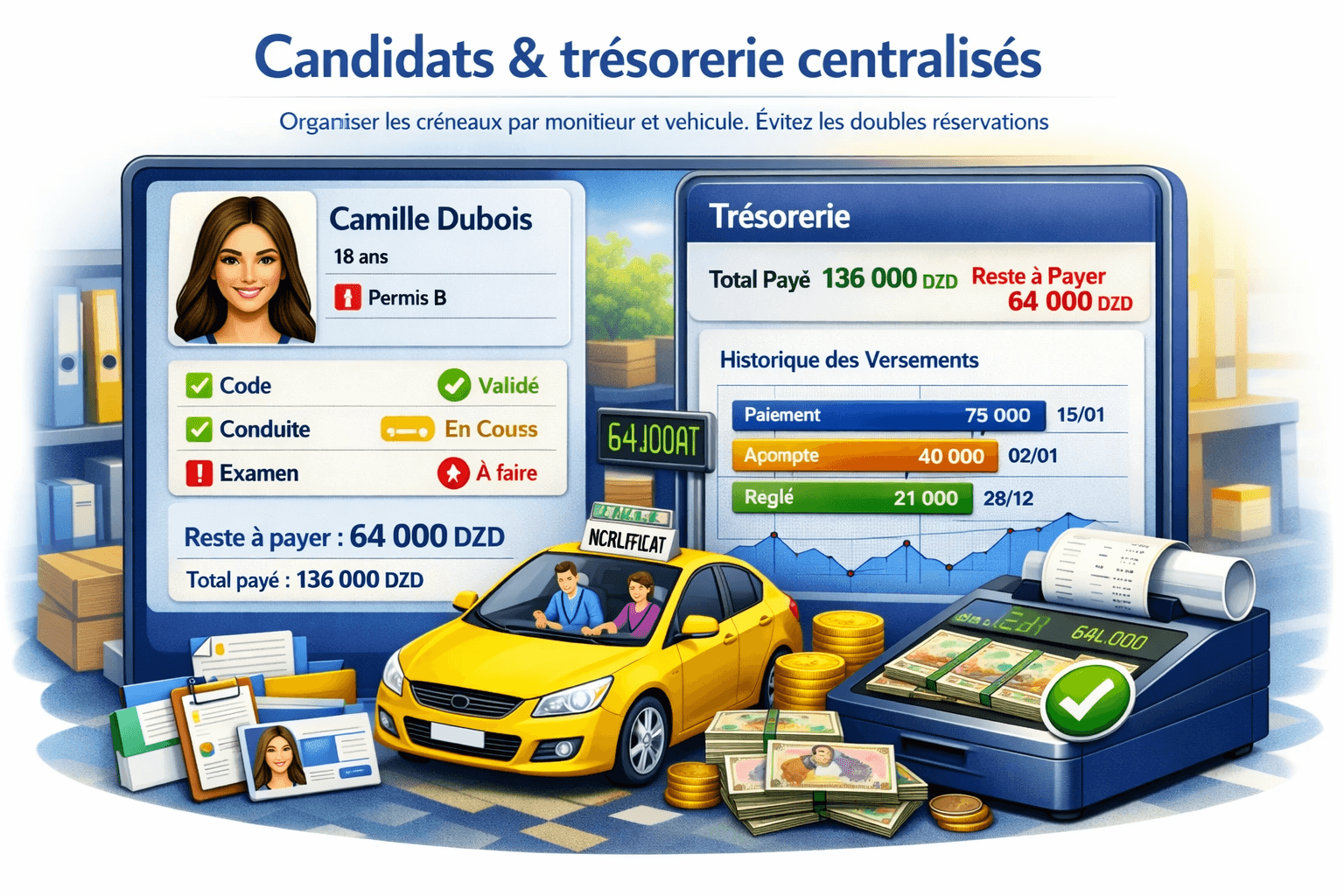 Candidats et trésorerie — fiches élèves et paiements